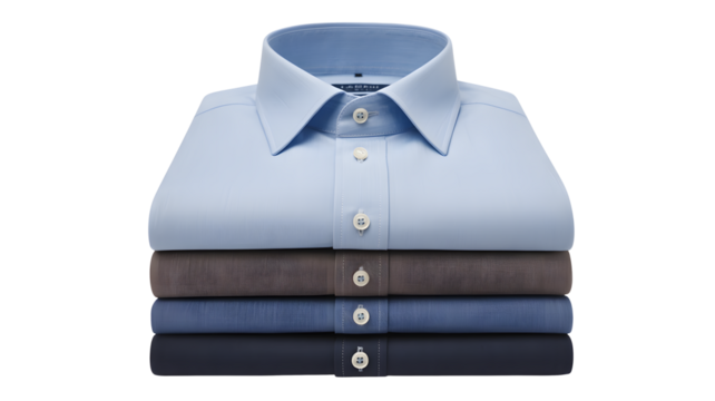 Stack of folded shirts in varying colors with visible collars and buttons on a black background