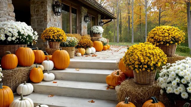 Beautiful autumn display with pumpkins and flowers in a cozy front yard surrounded by colorful fall leaves
