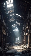 Naklejka premium Abandoned Industrial Hallway with Rays of Light and Dusty Debris
