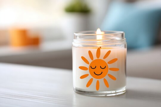 Childlike drawing of a smiling sun on candle for warmth and happiness on white background