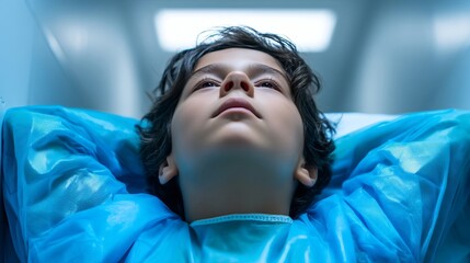 A young boy of Middle-Eastern descent lying on a medical bed, wearing a blue surgical gown, looking contemplative and serene.