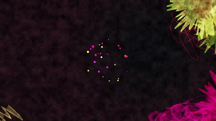 Abstract dark background with scattered colorful dots and a floral element on the right side