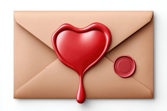 Romantic envelope sealed with red wax heart isolated on white background for valentine's day or love letters
