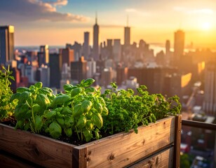 Rooftop garden overlooking a city at sunset