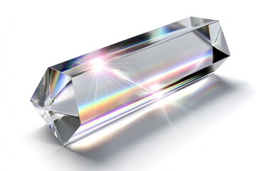 Radiant lens flare through crystal prism on white background for light refraction and optical design concepts