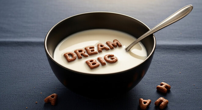Dream Big Alphabet Cereal Pieces Floating in Milk Inside a Bowl with a Spoon, Inspirational Message