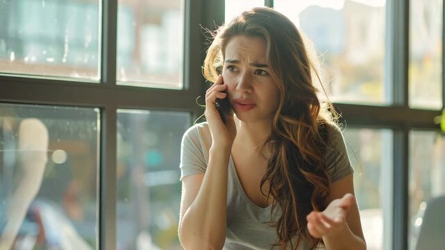 A frustrated and stressed young woman argues on her smartphone, gesturing while complaining about a problem.