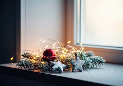 A cozy holiday scene in deep winter. Leftover festive decorations contrast with crisp January light, extending the season's cheer, chill, greeting, cozy