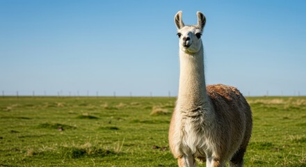 Obraz premium A gentle llama standing tall in a vibrant, grassy pasture under a clear sky, showcasing its thick, luxurious fleece and characteristic long neck, curious, fleece, friendly