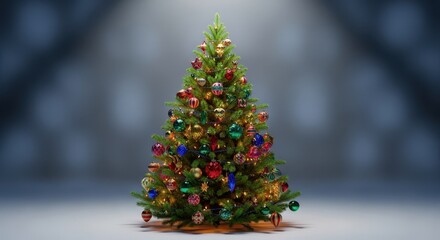 A majestic natural evergreen fir tree is richly decorated with festive ornaments and lights for the cold winter holiday season, seasonal, wood, sparkle