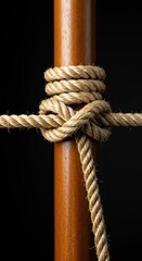 A length of thick natural fiber rope secured firmly around a smooth wooden pole with a complex nautical knot creating strong tension, difficulty, weathered, tight