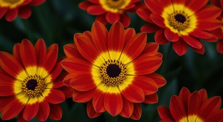 A vibrant close-up of beautiful garden blooms featuring intense scarlet red petals transitioning into bright sunshine yellow centers, striking, ornamental, petals