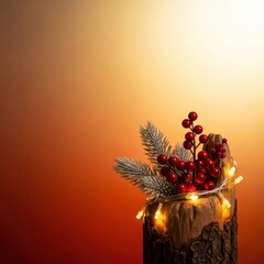 A warm, cozy scene featuring rustic natural elements and classic holiday decorations celebrating the spirit of winter, wood, red, home