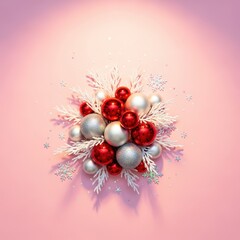Aesthetic holiday scene with festive ornaments and winter decorations against a vibrant, light pink backdrop and soft lighting, card, holiday, decoration