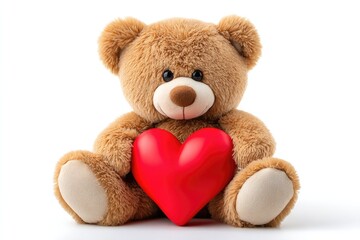 Fototapeta premium Adorable teddy bear hugging red heart symbolizing love and affection on white background, perfect for valentine's day card design