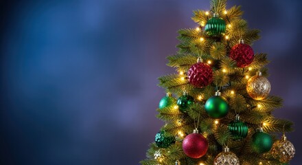 Beautifully decorated indoor evergreen fir tree standing tall, illuminated by warm festive lights and shining ornaments, symbolizing the winter holiday season, traditional, bright, home