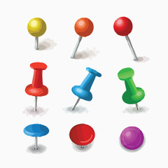 push pin, thumbtack, pin, office supplies, stationery, art supplies, craft supplies, colorful, red, blue, green, yellow, orange, purple, round head, sharp point, metal, plastic, isolated, shadow, whit