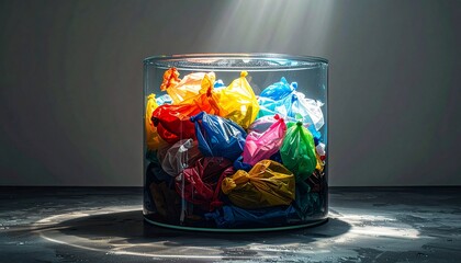 Colorful plastic waste confined within glass vessel under soft illumination