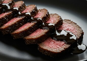 Close-up of glossy slices of tender beef coated in a thick, rich black sauce, highlighting the texture and deep color of the dish, pepper, tender, dark background