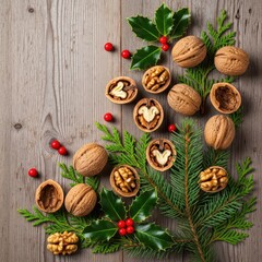 Close up of whole and cracked walnuts scattered on a wooden table with festive holiday greenery, creating a natural christmas setting, cracked, greenery, decor