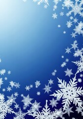 Detailed, geometric white snowflakes falling on a cold, sparkling blue background perfect for winter holiday greeting cards and festive decorations, frost, greeting, decoration