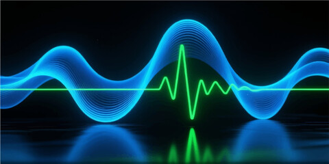 Abstract blue line graph of a DNA molecule and medical heartbeat pulse on a digital monitor background
