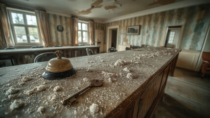 Exploring a dusty reception desk in an abandoned building at dusk