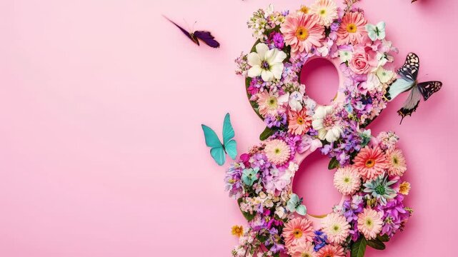 8 march day festive background, flowers with butterflies for international womans day 8 of march