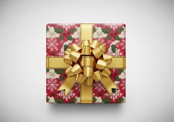 Elegant holiday gift box wrapped in classic festive paper, tied with a shiny golden bow, symbolizing the joy of giving during winter celebrations, decorative, merry, bow