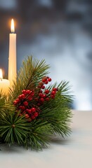 Elegant holiday centerpiece featuring natural pine branches, bright red berries, and softly lit taper candles creating a cozy atmosphere for festive dining, traditional, festive, interior