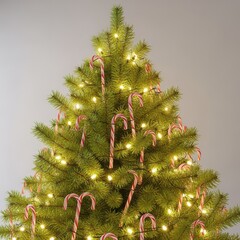 Festive evergreen tree heavily adorned with red and white striped candy canes and shimmering holiday lights, celebrating the winter season, needle, dessert, celebration