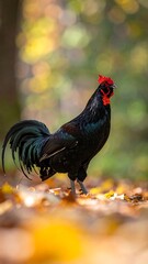 Rooster in autumn leaves