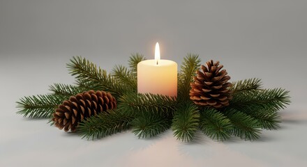 Glowing candlelight illuminates simple evergreen branches and natural pine cones, creating a rustic, ancient holiday atmosphere, nature, berry, peaceful