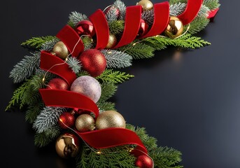 Luxurious deep red holiday decor arrangement featuring velvet ribbon, pine needles, and glittering baubles on a dark surface, dramatic, staging, branch