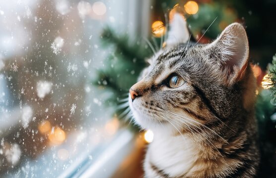 Curious cat watching snowfall through window lights