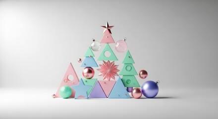 Modern stylized Christmas arrangement featuring geometric shapes, delicate pastel colors, and festive holiday cheer on a smooth background, banner, graphic, modern