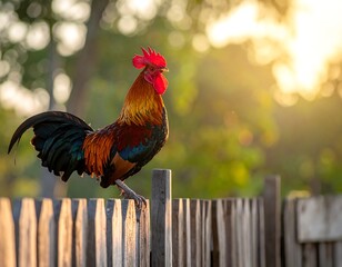 Rooster on a rustic fence at sunrise