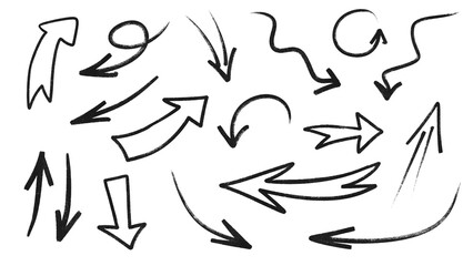 Hand-drawn black arrows collection with various directional styles on transparent background. For presentations, infographics, diagrams, flow charts, instructional materials. PNG. Wavy, U-turn 
