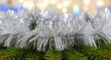 Shiny silver tinsel draped across a holiday evergreen branch creates a sparkling, festive background texture for winter celebration designs and greeting cards, abstract, shiny, branch
