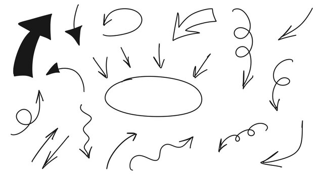Hand-drawn black arrows collection with various directional styles on transparent background. For presentations, infographics, diagrams, flow charts, instructional materials. PNG. Oval frame 