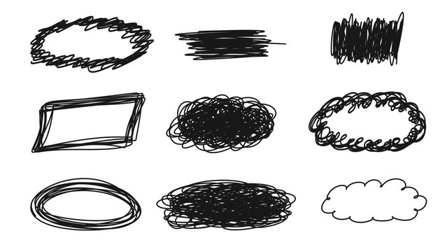 Hand-drawn scribble frames and shape collection in black ink on transparent background. For emphasizing text, creating highlights, presentations,  social media graphics, doodle art, infographics. PNG.