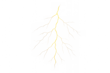 Yellow thunderbolt striking, powerful electricity current, dynamic weather storm element with transparent background