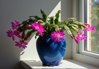 Vibrant pink Christmas cactus flowering profusely, resting in a stunning blue porcelain container placed brightly against a sunny window, light, blossom, decor