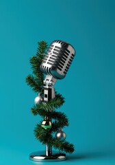 Vintage silver microphone with stand adorned with holiday cheer, set against a vibrant cyan isolated backdrop. Perfect for seasonal broadcast design, seasonal, performance art, holiday