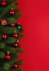 Vibrant red festive backdrop featuring lush green fir branches adorned with shiny colorful holiday ornaments and decorations, evergreen, event, scarlet