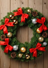 Traditional green evergreen Christmas wreath decorated with festive red ribbons, shiny ornaments, and natural pinecones on a rustic wooden background, hanging, evergreen, circular