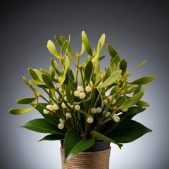 A beautiful close-up of a festive mistletoe arrangement, perfect for holiday greetings and traditional winter decorating themes, natural, detail, plant