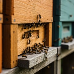 Worker insects actively swarming the narrow entrance of a stacked wooden apiary box, collecting nectar and pollen under natural light outdoors, beekeeping, natural, entomology