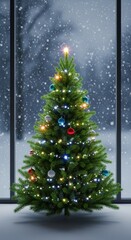 A beautiful evergreen tree still sparkling with lights and ornaments indoors during the cold, snowy month of January, vacation, home, lights