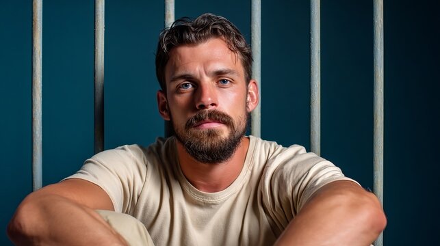 A young Caucasian man with a beard sitting behind prison bars, conveying a sense of contemplation and introspection.